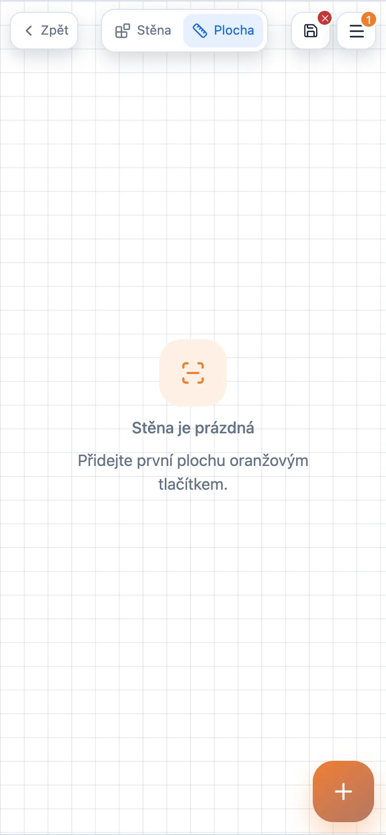 Prázdná stěna v měřicím nástroji Kalkulačkafasády.cz s oranžovým tlačítkem pro přidání plochy
