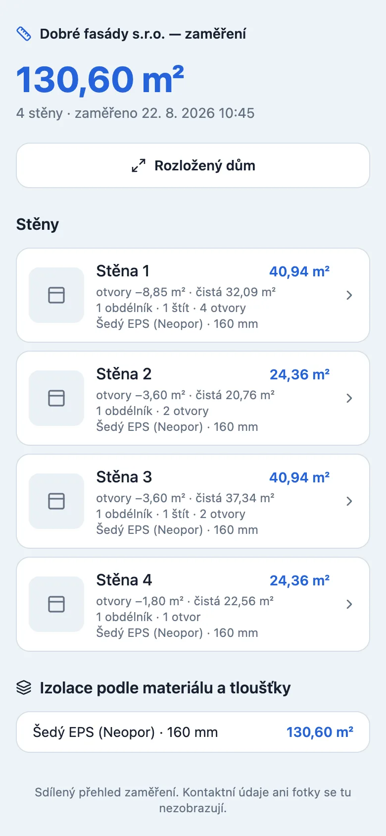 Veřejný odkaz na zaměření fasády tak, jak ho vidí fasádnická firma
